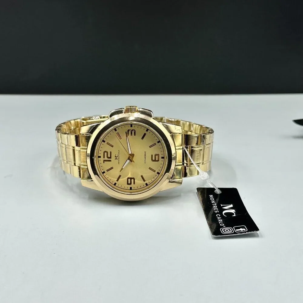 Montres Carlo Watch Men Gold Tone Round 43MM Case New Battery 8.75